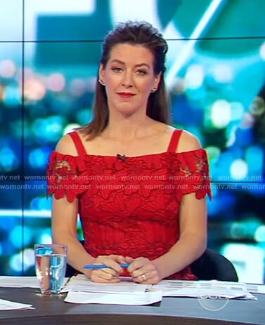 Corgi's red lace off-shoulder dress on The Project