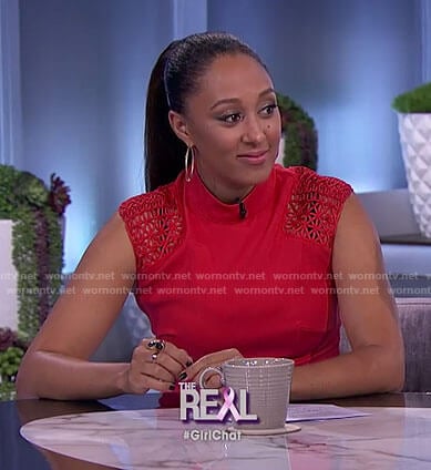 Tamera's red lattice shoulder top on The Real