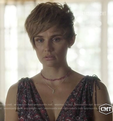 Scarlett's purple floral dress with drawstring shoulders on Nashville