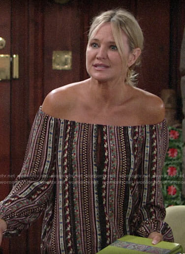 Sharon's floral off-shoulder top on The Young and the Restless