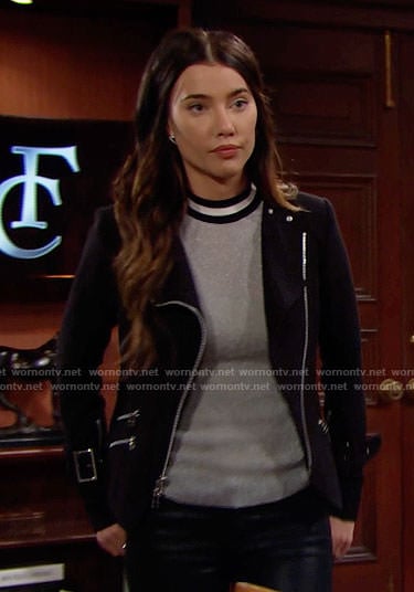 Steffy's silver top and black moto jacket on The Bold and the Beautiful