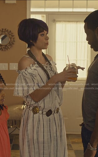 Alison's striped off shoulder maxi dress on Orphan Black