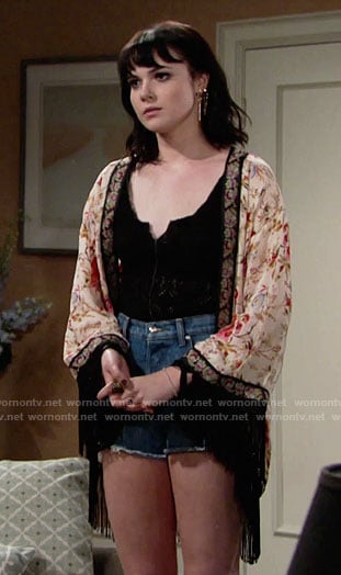 Tessa's black pointelle top and fringed kimono on The Young and the Restless