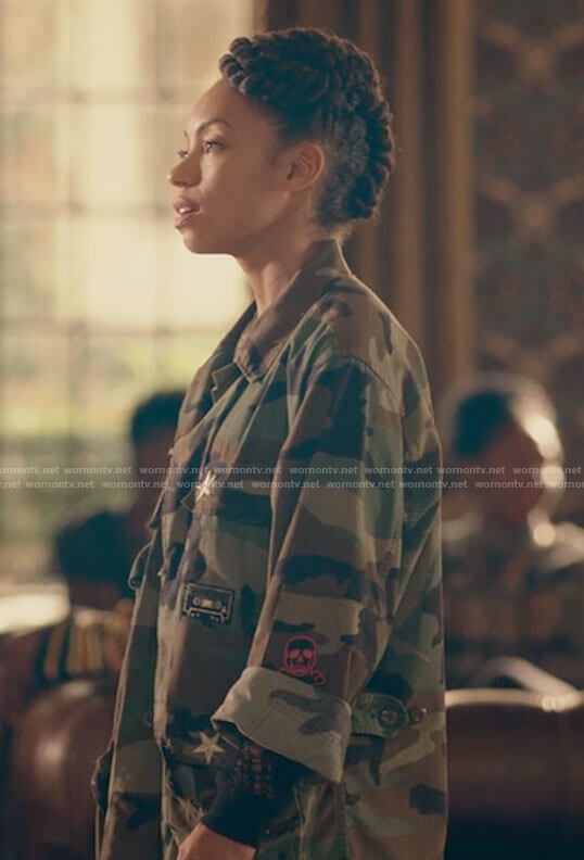 Sam's camo jacket with patches on Dear White People