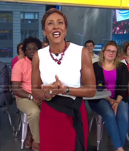 Robin's white and red color-block dress with ruffle waist on Good Morning America