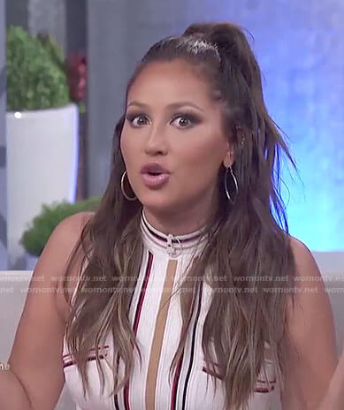 Adrienne's white bodycon dress with contrast stripes on The Real