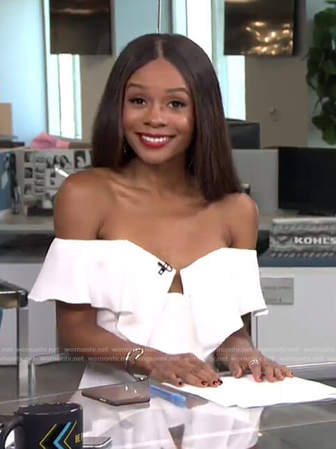 Zuri's white off-shoulder ruffled top on E! News Daily Pop