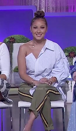 Adrienne's white striped one off-shoulder shirt on The Real
