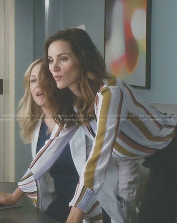 Carina's stripe pleated cuff blouse on Grey's Anatomy