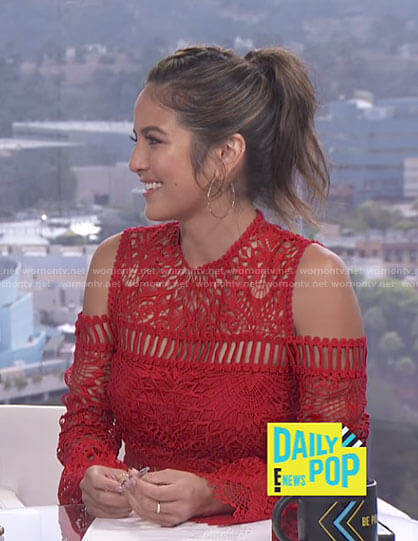 Erin's red cold-shoulder crochet top on E! News Daily Pop