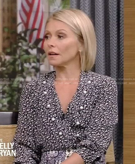 Kelly's black floral blouse with pearls and print skirt on Live with Kelly and Ryan