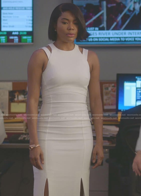 Mary Jane's white cutout midi dress with slits on Being Mary Jane