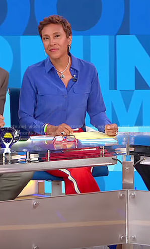 Robin's blue blouse and red side striped pants on Good Morning America