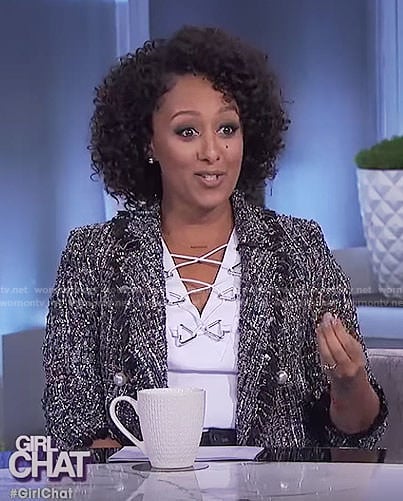 Tamera's tweed jacket with pearls on The Real