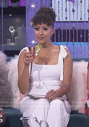 Tamera's white dot bow shoulder jumpsuit on The Real