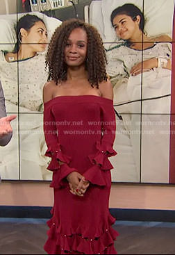 Zuri's red off-shoulder ruffled dress on E! news