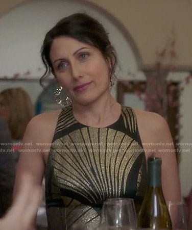 Abby's black and gold metallic midi dress on Girlfriends Guide to Divorce