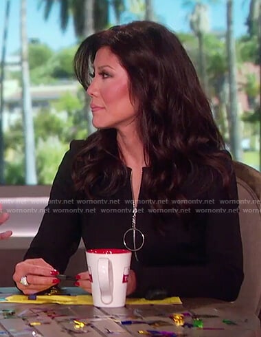 Julie's black front zip long sleeved mini dress on The Talk
