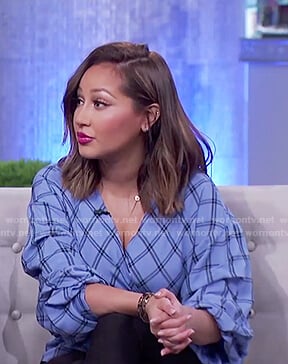 Adrienne's blue plaid front tie top on The Real