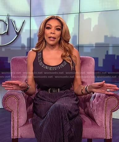 Wendy's blue embellished neckline tank top on The Wendy Williams Show