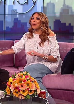 Wendy's blue striped off shoulder top on The Wendy Williams Show