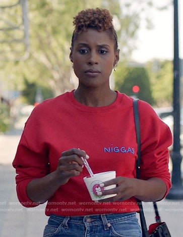 Issa's red sweatshirt on Insecure