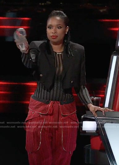 Jennifer Hudson's red cargo pants and striped mesh top on The Voice