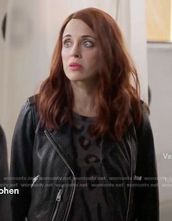Jo's grey leopard print top and leather jacket on Girlfriends Guide to Divorce