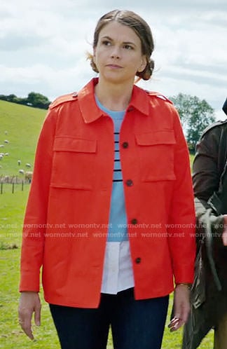 Liza's red jacket and blue striped sweater on Younger