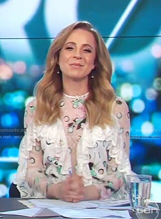Carrie's white mesh polka dot print dress on The Project