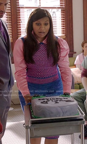 Mindy's blue and pink checked sweater vest on The Mindy Project
