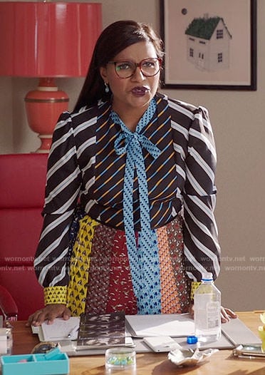 Mindy's mixed pattern tie-neck dress on The Mindy Project