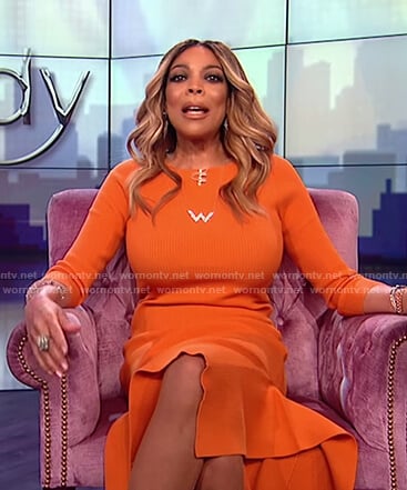 Wendy's orange ribbed long sleeve dress on The Wendy Williams Show