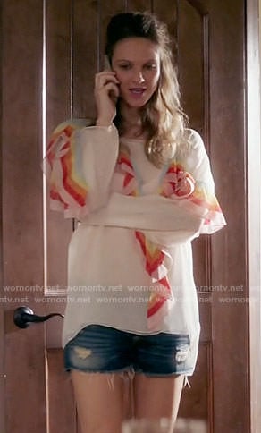 Phoebe's rainbow ruffled top on Girlfriends Guide to Divorce