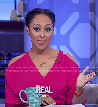 Tamera's pink cold shoulder waist tie dress on The Real