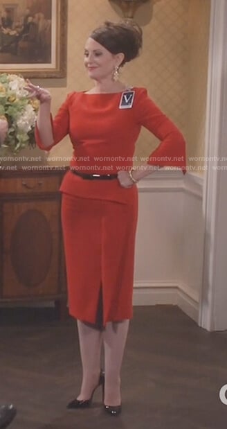 Karen's red split hem dress on Will and Grace