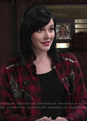 Tessa's red embellished plaid shirt on The Young and the Restless