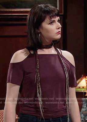 Tessa's purple cold-shoulder top and beaded scarf on The Young and the Restless