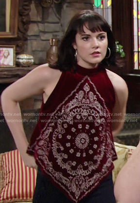 Tessa's red velvet bandana print top on The Young and the Restless