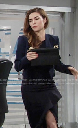Victoria's black ruffled dress and blue cropped jacket on The Young and the Restless