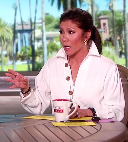 Julie's white asymmetric front button top on The Talk