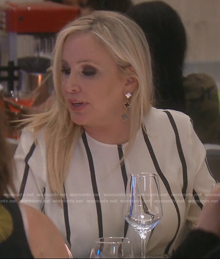 Shannon's white silk striped wrap top on The Real Housewives of OC