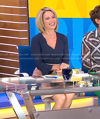 Amy's navy v-neck bell sleeve top and pink skirt on Good Morning America