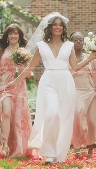 Cristal's white deep v jumpsuit on Dynasty