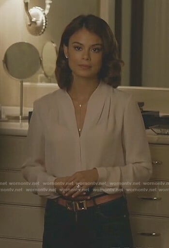 Cristal's white gathered v-neck blouse on Dynasty