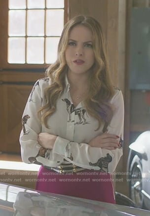 Fallon's white dog print blouse on Dynasty