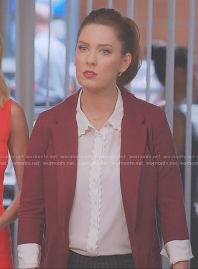 Katie's white scalloped trim blouse on Great News