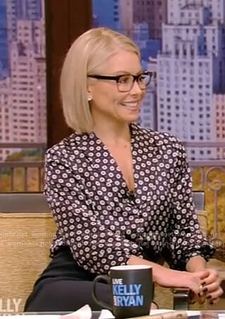 Kelly's black printed silk blouse on Live with Kelly and Ryan