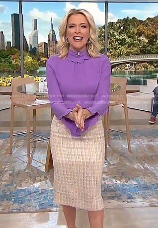Megyn's purple ruffle mock neck top and tweed skirt on Megyn Kelly