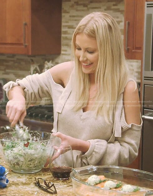 Stephanie's beige cold-shoulder sweater on The Real Housewives of Dallas